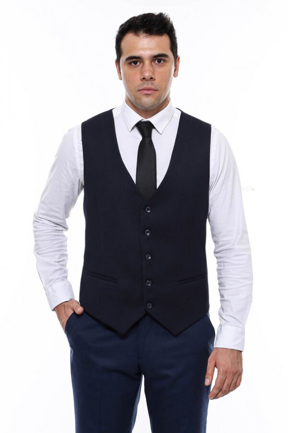 Lacivert Düz Slimfit Yelek - 5