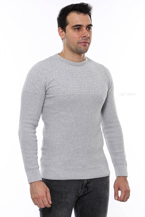 Desenli Bisiklet Yaka Açık Gri Triko - 2