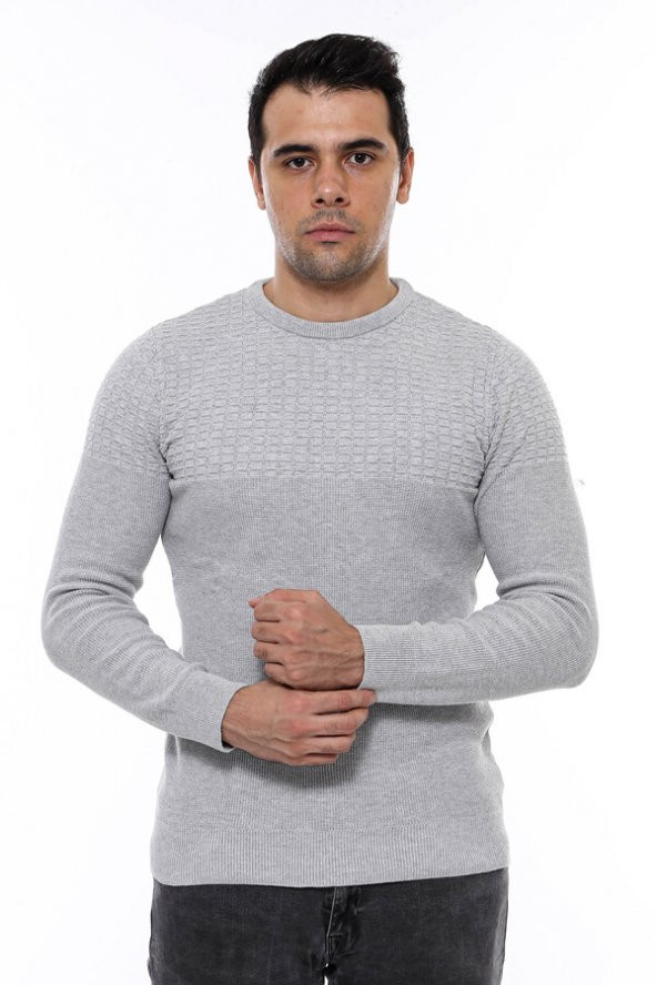 Desenli Bisiklet Yaka Açık Gri Triko - 7