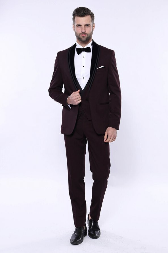 Desenli Bordo Velvet Çıkma Yaka Takım Elbise  Wessi - 3