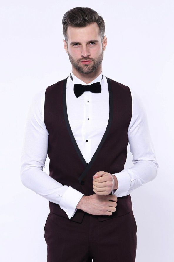 Desenli Bordo Velvet Çıkma Yaka Takım Elbise  Wessi - 5