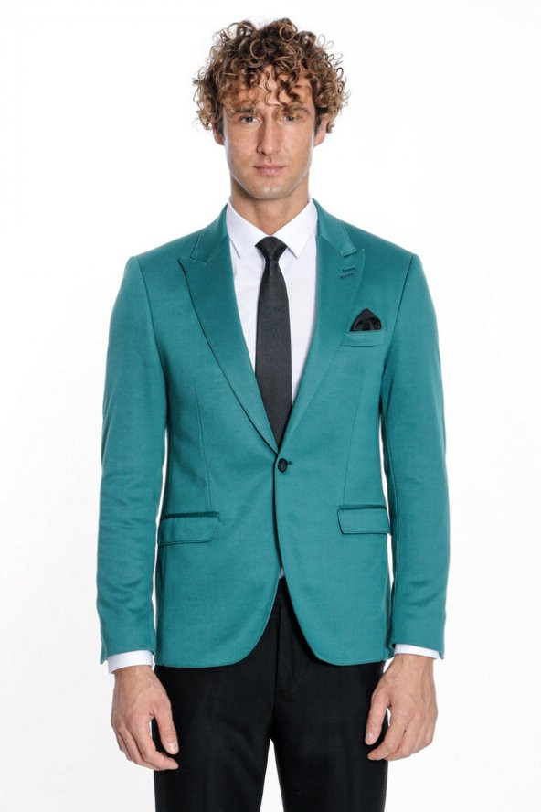 Pamuk Slim Fit Desensiz Yeşil Erkek Ceket - 6