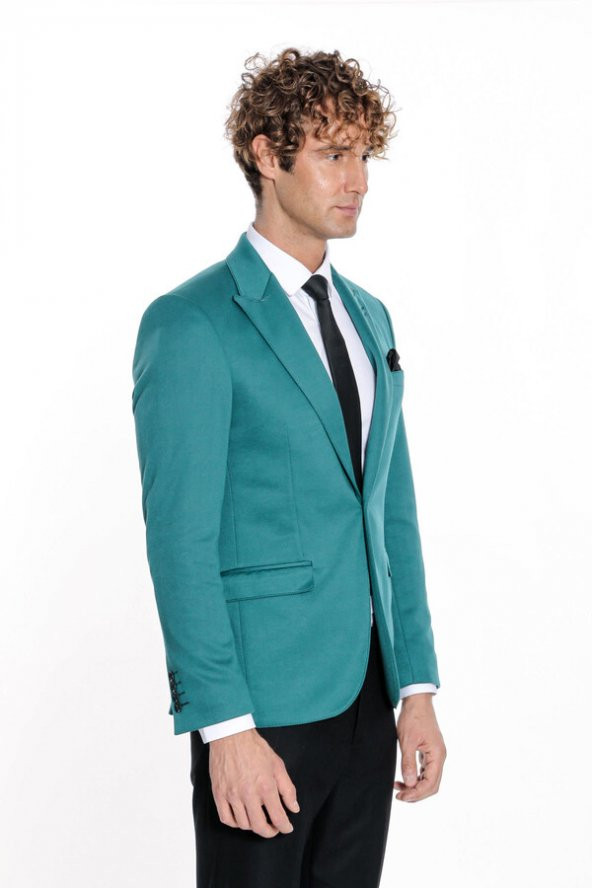 Pamuk Slim Fit Desensiz Yeşil Erkek Ceket - 8
