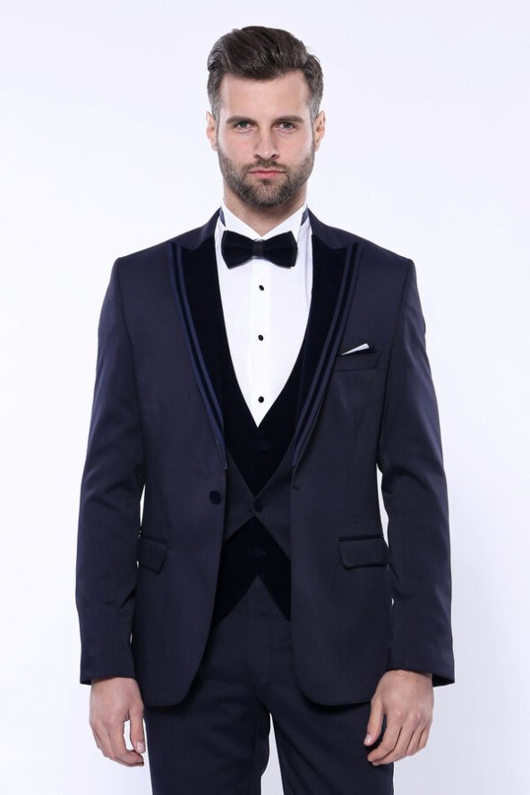 Kendinden Desenli Koyu Lacivert Çıkma Velvet Yaka Takım Elbise Wessi - 6