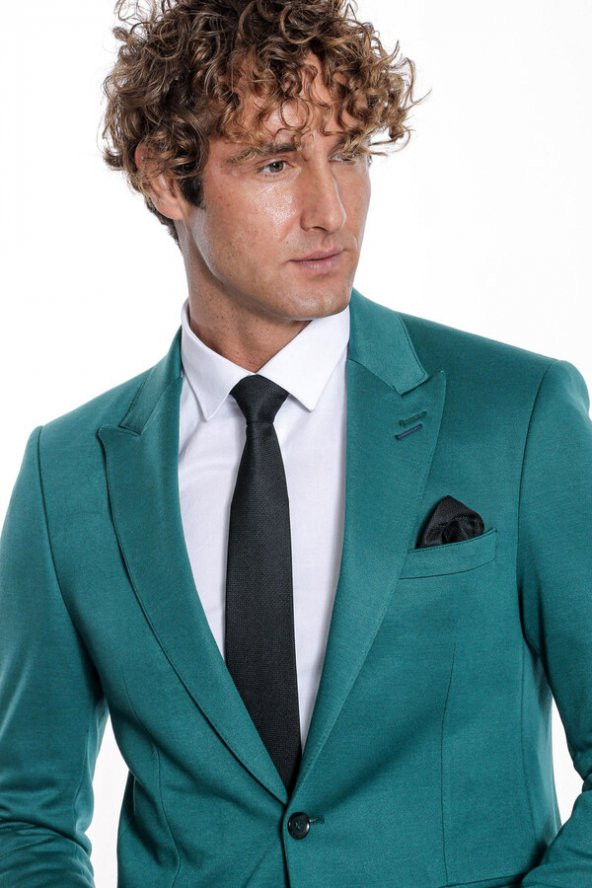 Pamuk Slim Fit Desensiz Yeşil Erkek Ceket - 2