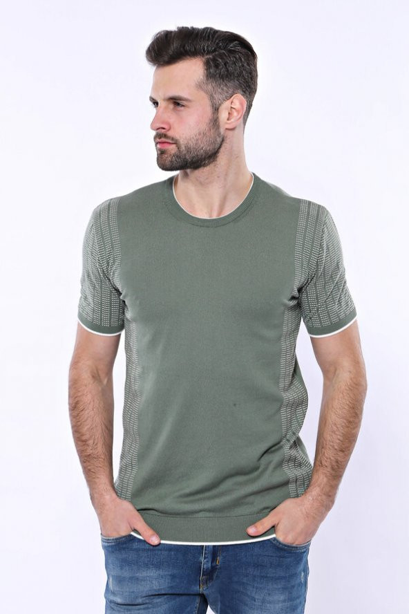 Bisiklet Yaka Kenarları Desenli Yeşil Örme T-shirt  Wessi - 6