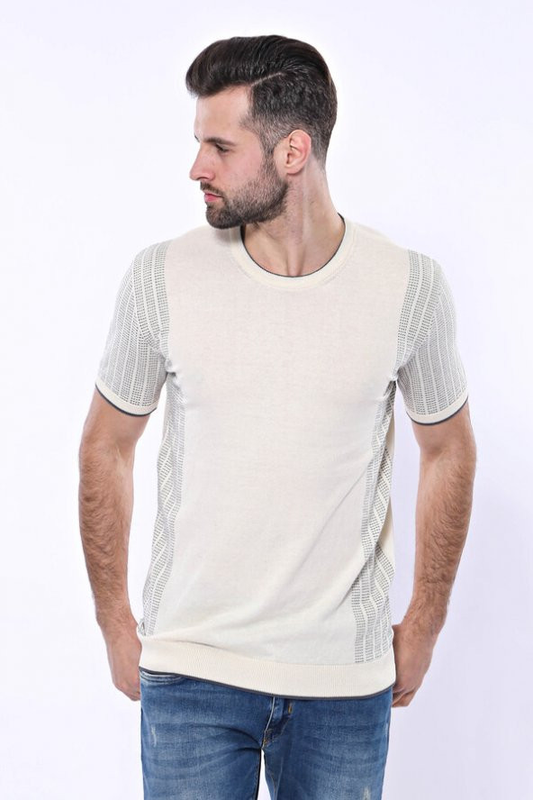 Bisiklet Yaka Kenarları Desenli Krem Örme T-shirt  Wessi - 3