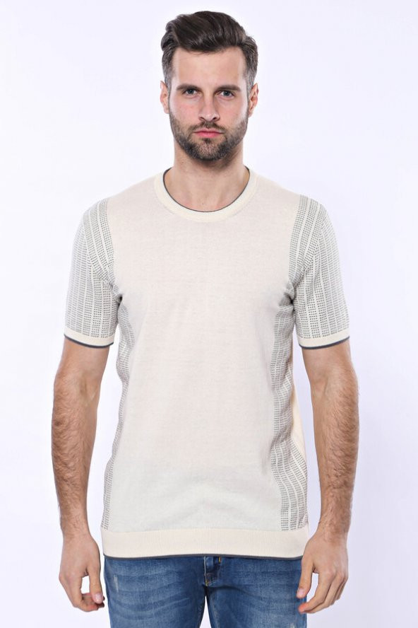 Bisiklet Yaka Kenarları Desenli Krem Örme T-shirt  Wessi - 5