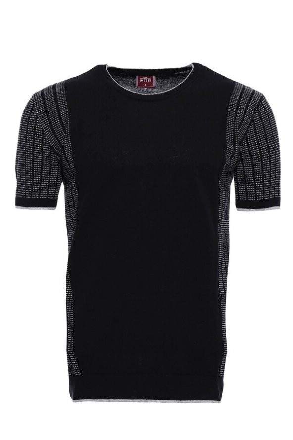 Bisiklet Yaka Kenarları Desenli Siyah Örme T-shirt  Wessi - 2