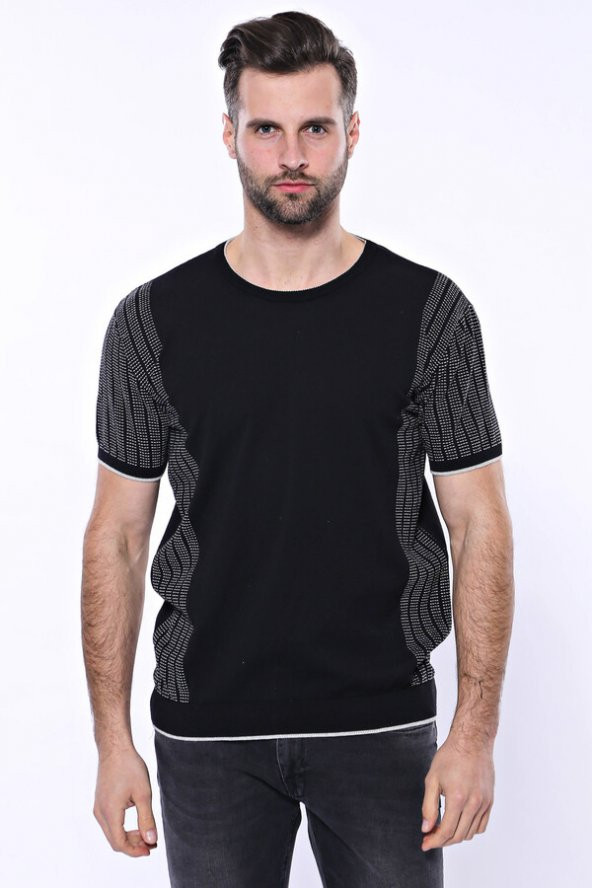 Bisiklet Yaka Kenarları Desenli Siyah Örme T-shirt  Wessi - 5