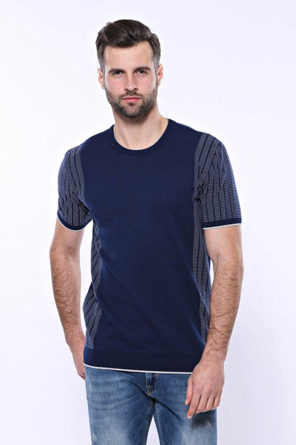Bisiklet Yaka Kenarları Desenli Lacivert Örme T-shirt  Wessi - 4
