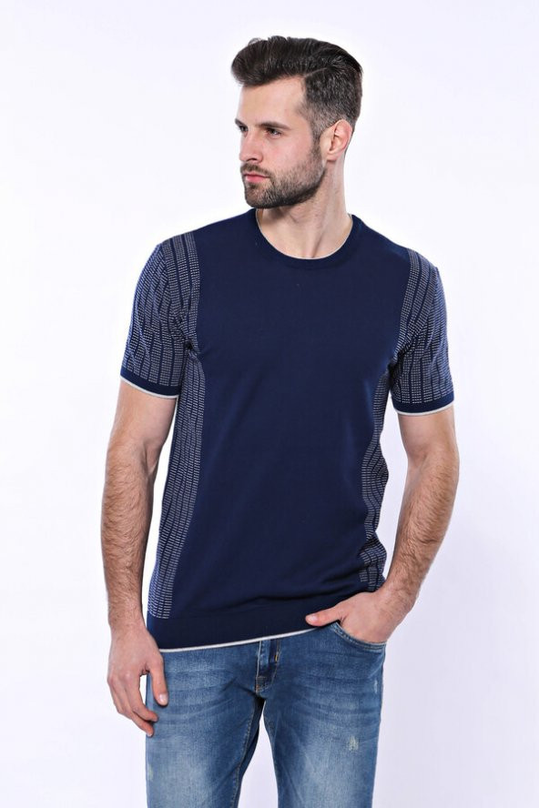 Bisiklet Yaka Kenarları Desenli Lacivert Örme T-shirt  Wessi - 5