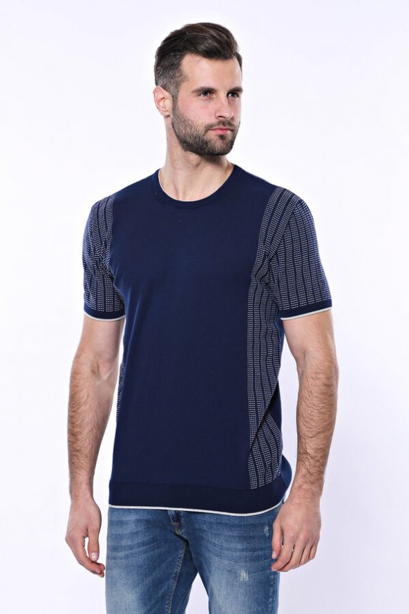 Bisiklet Yaka Kenarları Desenli Lacivert Örme T-shirt  Wessi - 6