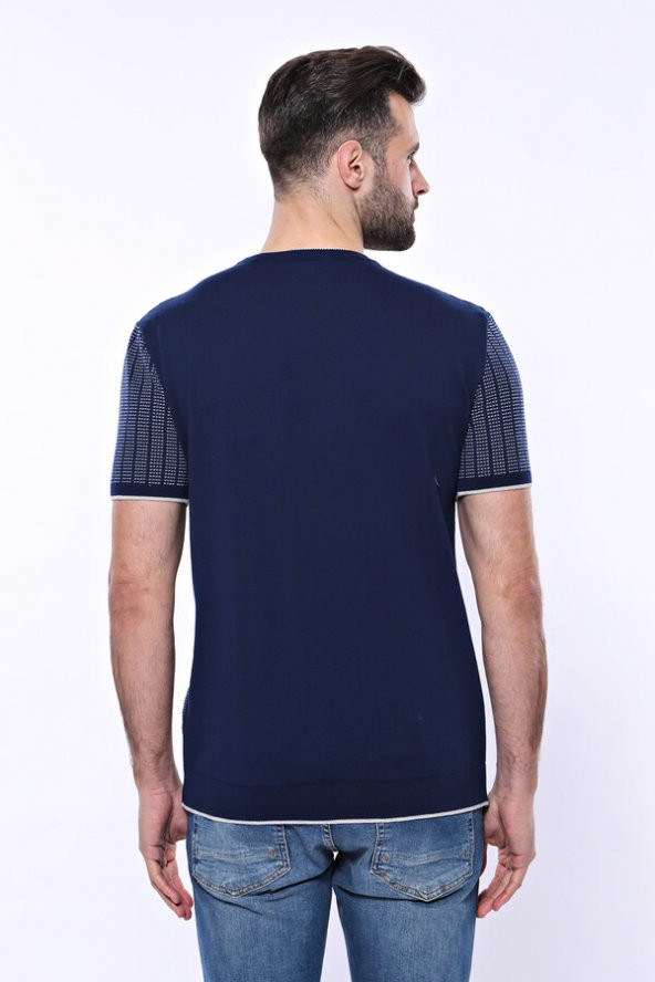 Bisiklet Yaka Kenarları Desenli Lacivert Örme T-shirt  Wessi - 7