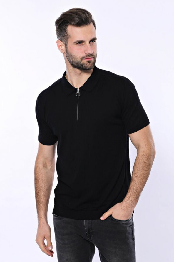 Polo Yaka Siyah Düz Örme T-shirt  Wessi