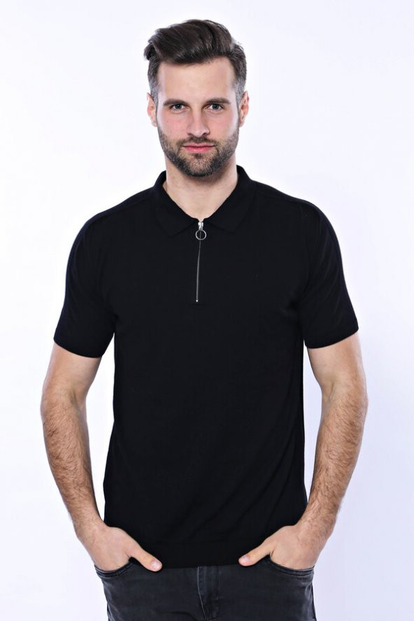 Polo Yaka Siyah Düz Örme T-shirt  Wessi - 4