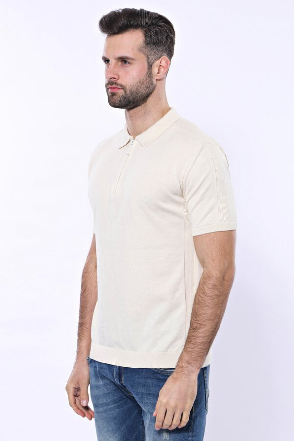 Polo Yaka Krem Düz Örme T-shirt  Wessi - 5