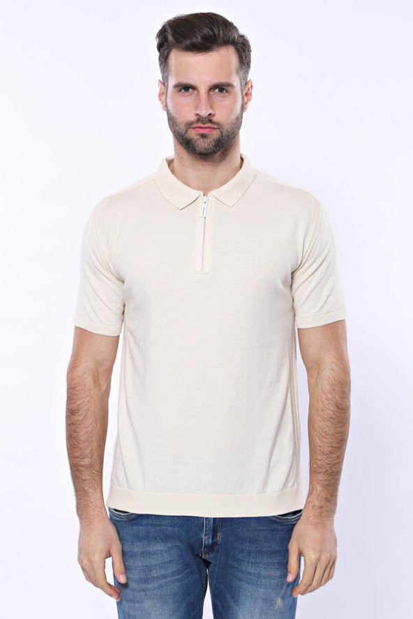 Polo Yaka Krem Düz Örme T-shirt  Wessi - 6
