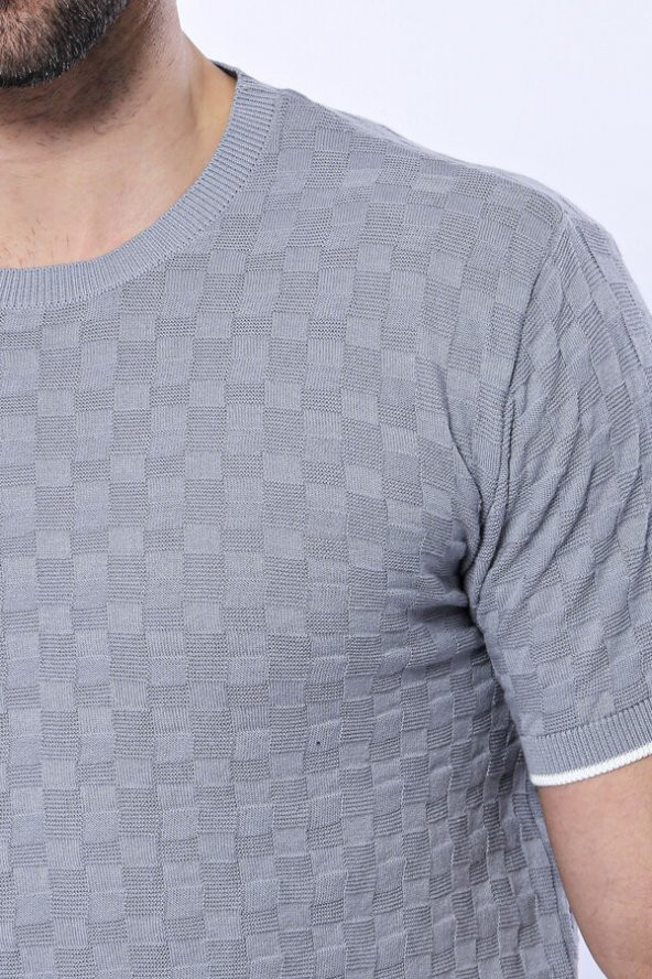 Kendinden Desenli Örme Gri Bisiklet Yaka T-shirt  Wessi - 2