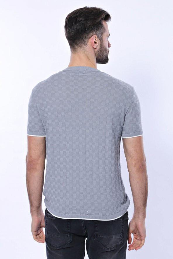 Kendinden Desenli Örme Gri Bisiklet Yaka T-shirt  Wessi - 6