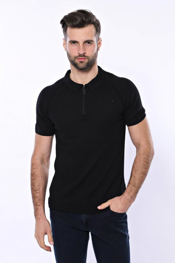 Polo Yaka Fermuarlı Siyah Örme T-shirt  Wessi - 3