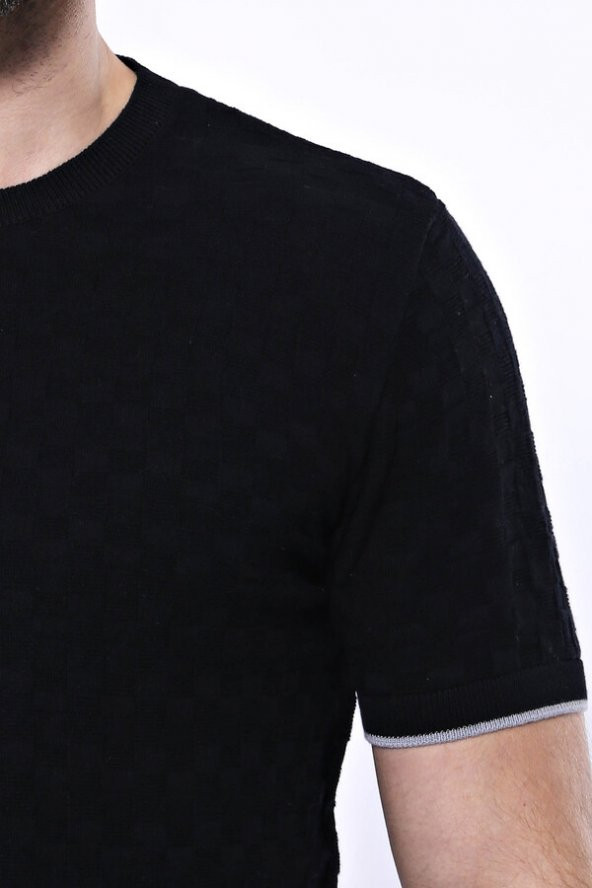 Kendinden Desenli Örme Siyah Bisiklet Yaka T-shirt  Wessi - 2