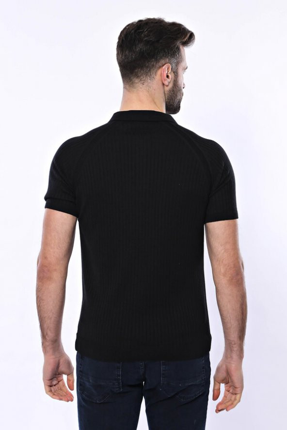 Polo Yaka Fermuarlı Siyah Örme T-shirt  Wessi - 6