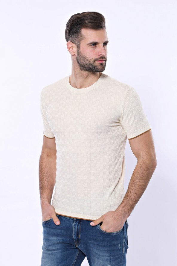 Kendinden Desenli Örme Krem Bisiklet Yaka T-shirt  Wessi - 5