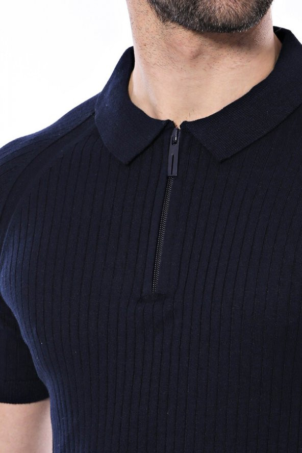 Polo Yaka Fermuarlı Lacivert Örme T-shirt  Wessi - 2