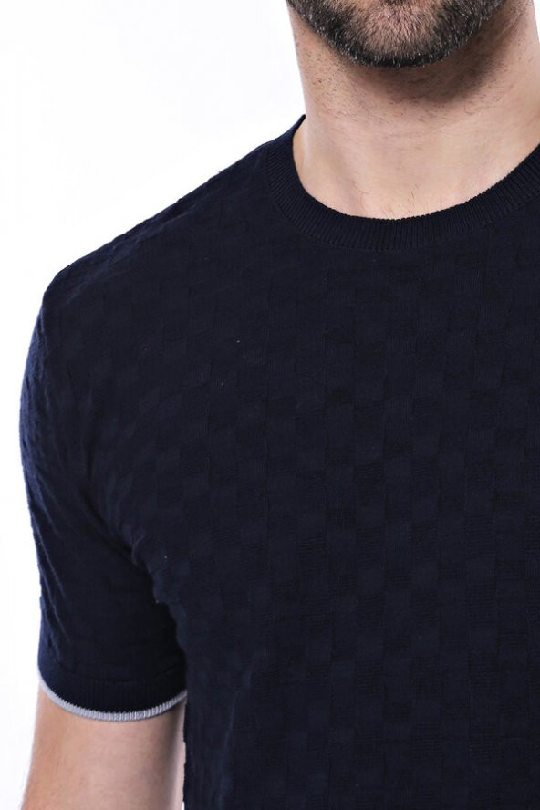 Kendinden Desenli Örme Lacivert Bisiklet Yaka T-shirt  Wessi - 2