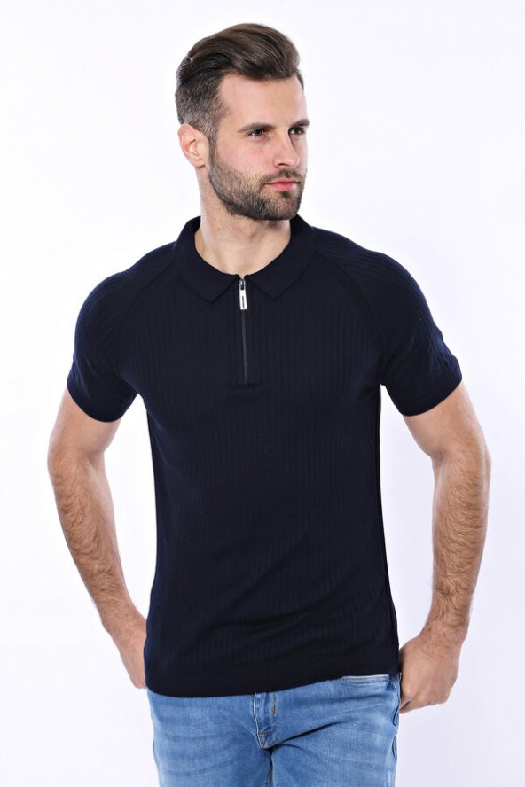 Polo Yaka Fermuarlı Lacivert Örme T-shirt  Wessi - 3