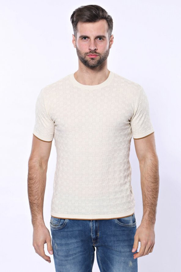 Kendinden Desenli Örme Krem Bisiklet Yaka T-shirt  Wessi - 6