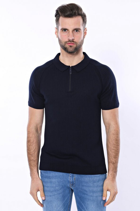 Polo Yaka Fermuarlı Lacivert Örme T-shirt  Wessi - 4