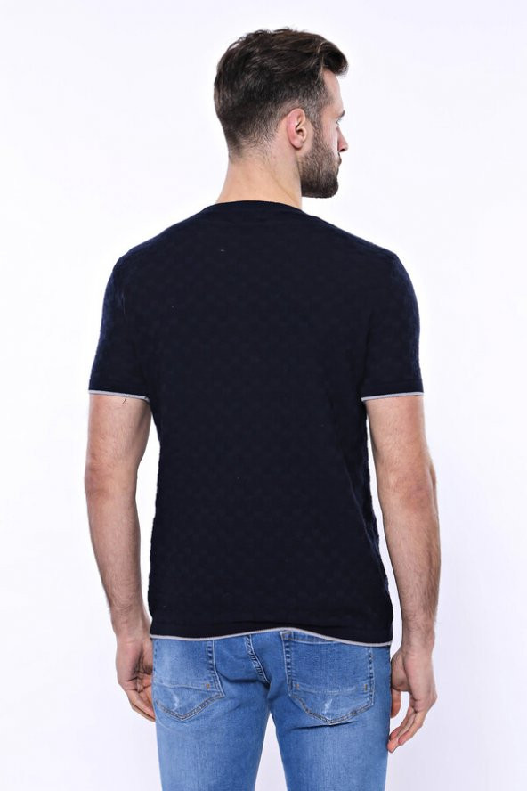 Kendinden Desenli Örme Lacivert Bisiklet Yaka T-shirt  Wessi - 5