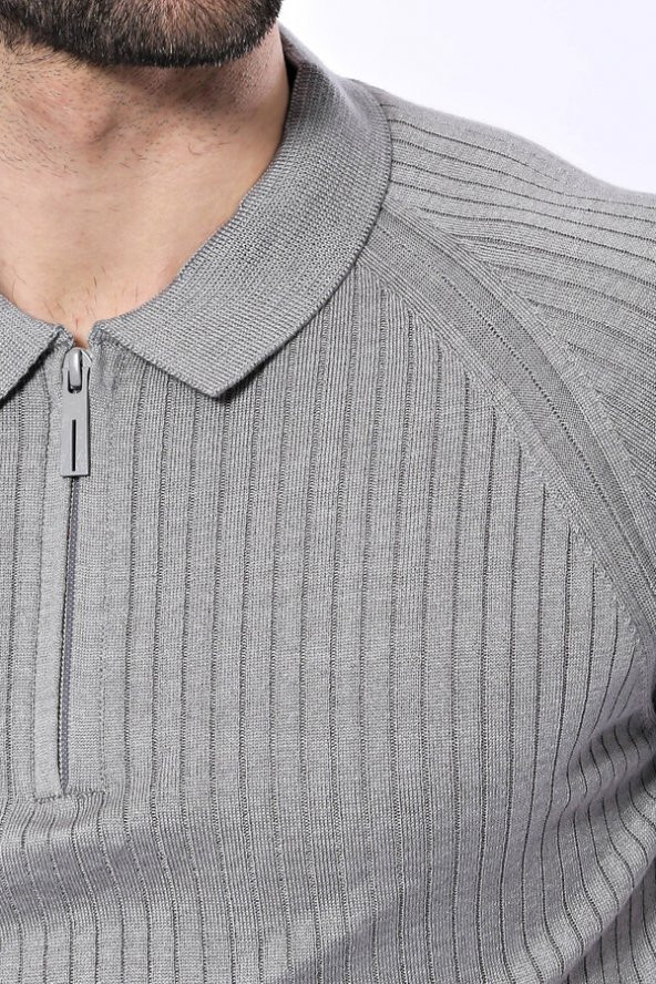 Polo Yaka Fermuarlı Örme Gri T-shirt  Wessi - 2