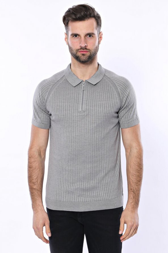 Polo Yaka Fermuarlı Örme Gri T-shirt  Wessi - 4
