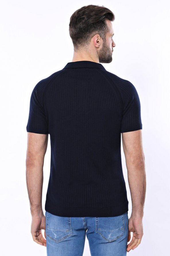 Polo Yaka Fermuarlı Lacivert Örme T-shirt  Wessi - 6