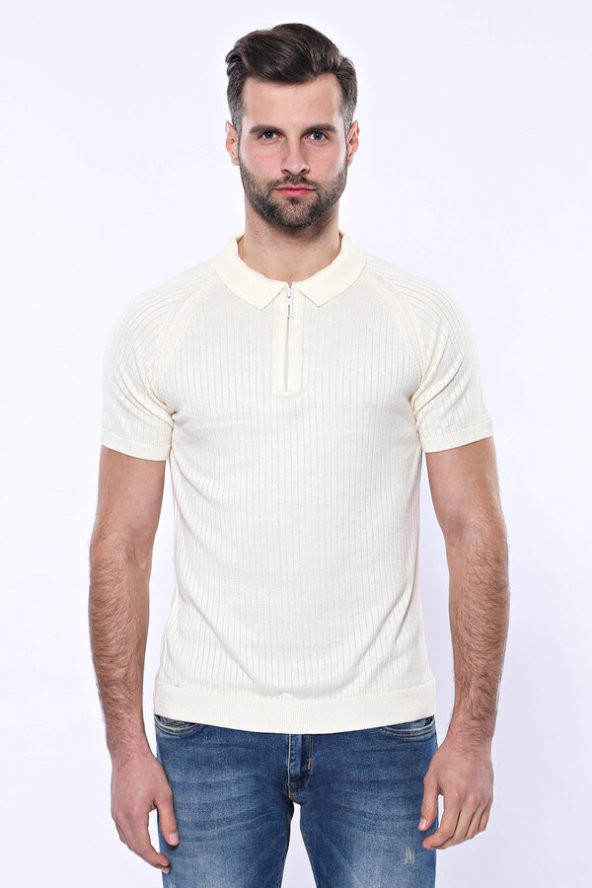 Polo Yaka Fermuarlı Krem Örme T-shirt  Wessi - 4