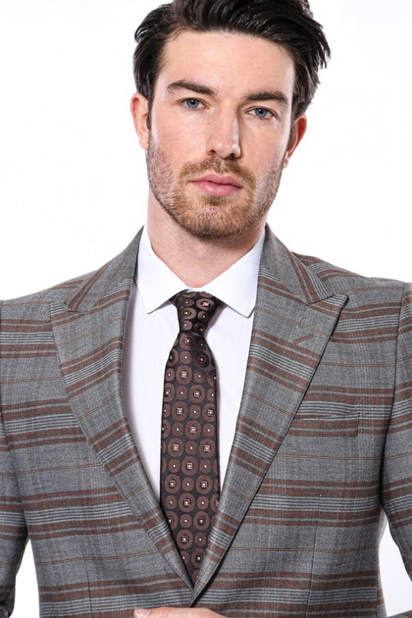 Ekose Desenli Slim Fit Kahverengi Erkek Ceket - 2