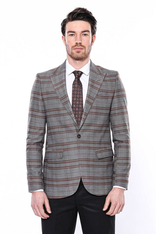 Ekose Desenli Slim Fit Kahverengi Erkek Ceket - 4