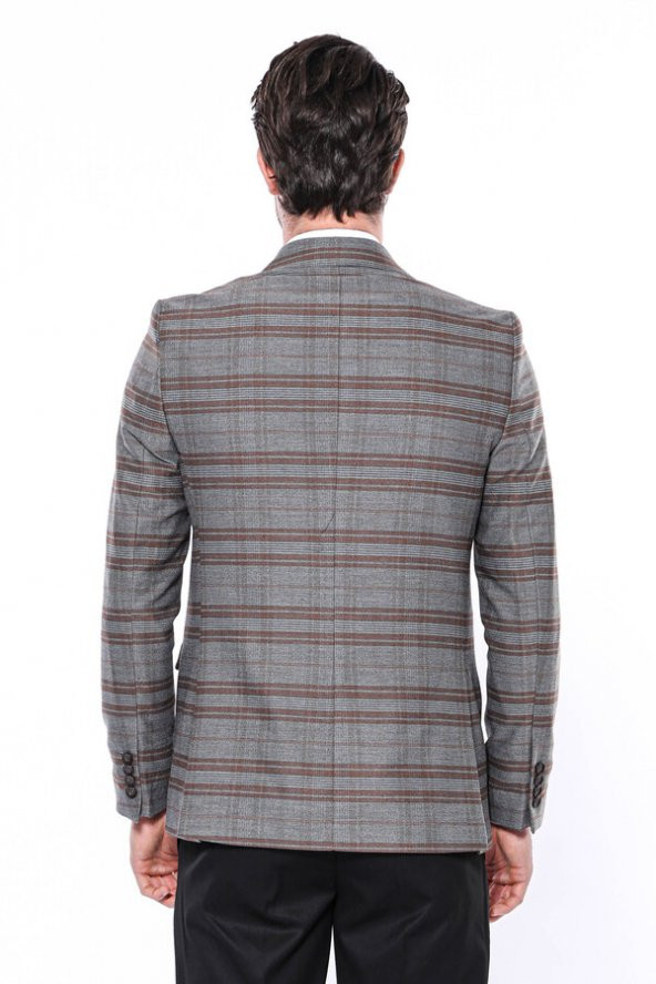 Ekose Desenli Slim Fit Kahverengi Erkek Ceket - 6