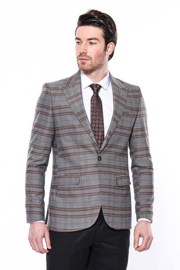 Ekose Desenli Slim Fit Kahverengi Erkek Ceket - 7