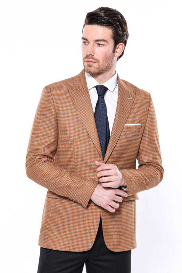 Kendinden Desenli Turuncu Slim Fit Ceket  Wessi