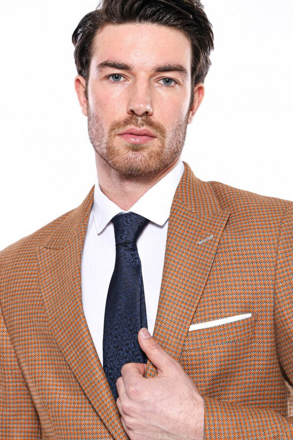 Kendinden Desenli Turuncu Slim Fit Ceket  Wessi - 2