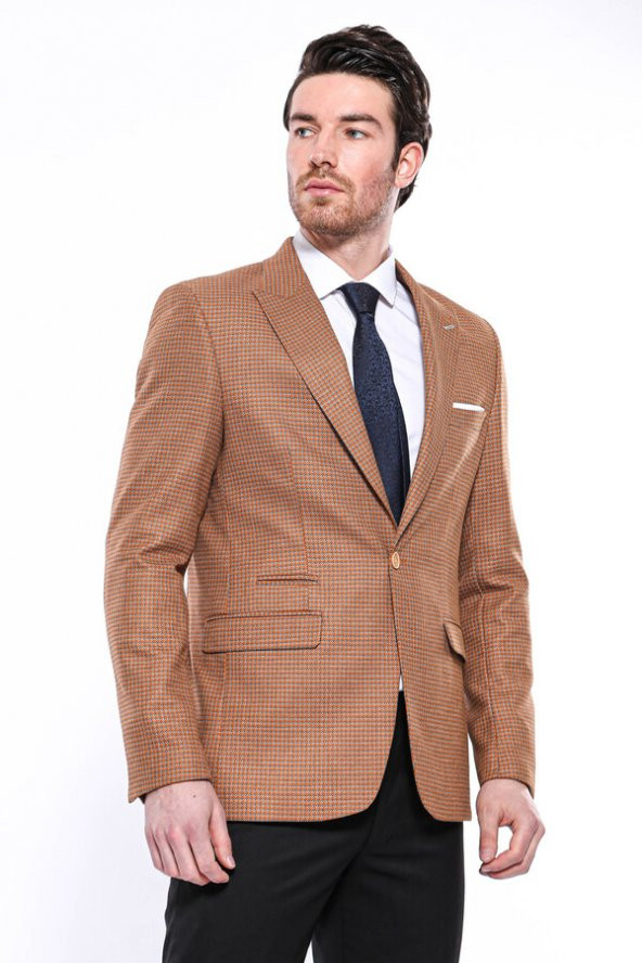 Kendinden Desenli Turuncu Slim Fit Ceket  Wessi - 3