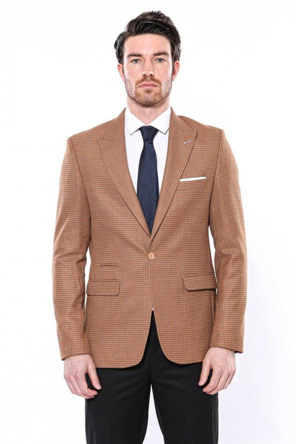 Kendinden Desenli Turuncu Slim Fit Ceket  Wessi - 4