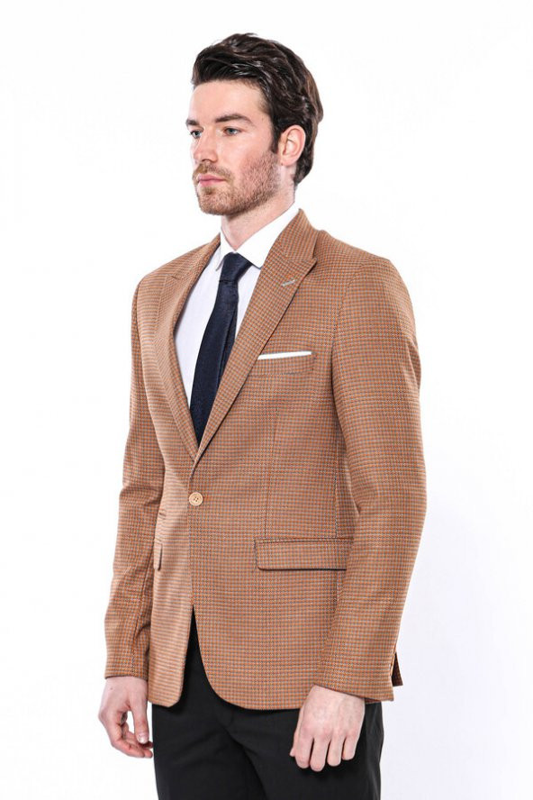 Kendinden Desenli Turuncu Slim Fit Ceket  Wessi - 5