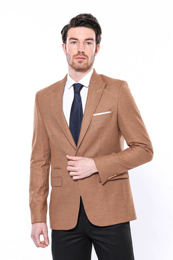 Kendinden Desenli Turuncu Slim Fit Ceket  Wessi - 6