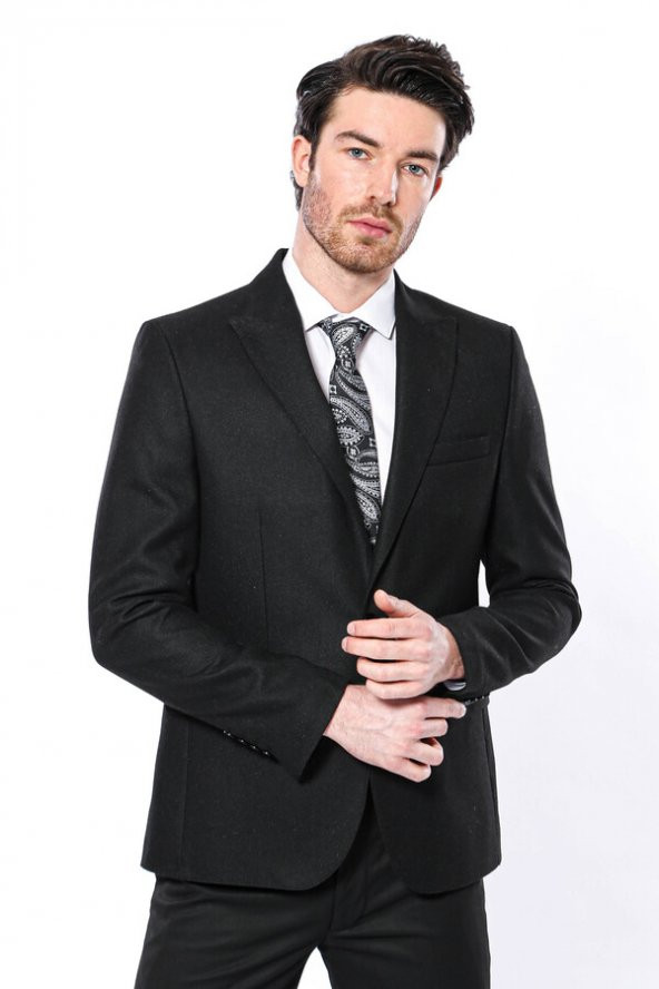 Sivri Yaka Tek Düğme Siyah Slim Fit Ceket  Wessi