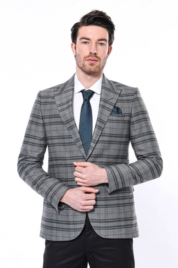 Ekose Slim Fit Tek Düğme Yeşil Erkek Ceket - 3